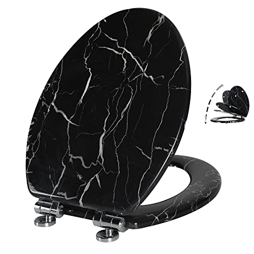 Angel Shield Marble Toilet Seat Durable Molded Wood with Quiet Close,Easy Clean，Quick-Release Hinges (Elongated,Black Marble) - color: Black Marble-Elongated, size: Elongated-18.5”