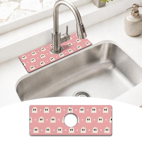 Halloween Kitchen Sink Splash Guard Faucet Mat,Pink Cute Ghosts Halloween Faucet Non-Slip Absorbent Mat,Farmhouse Sink Splash Guard Behind Faucet for Kitchen Bathroom,15"x5.5" - color: Drying Faucet Mat 13