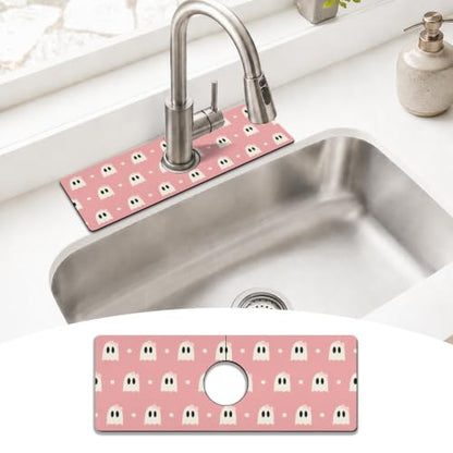 Halloween Kitchen Sink Splash Guard Faucet Mat,Pink Cute Ghosts Halloween Faucet Non-Slip Absorbent Mat,Farmhouse Sink Splash Guard Behind Faucet for Kitchen Bathroom,15"x5.5" - color: Drying Faucet Mat 13