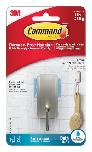 Command Small Bath Hook, Holds up to 1 lb, 1 Satin Nickel Shower Hook with 2 Water Resistant Strips, Damage-Free Bathroom Organization - color: Satin Nickel, size: 1 Pack