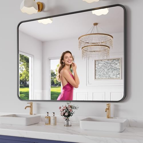 Koonmi Metal Framed Bathroom Mirror, 36"X48" Anti-Rust Bathroom Vanity Mirror, High-Definition Tempered Glass Bathroom Mirrors for Over Sink, Modern Decorative Wall Mirror for Restroom - color: Rounded Edged, size: 48"L x 36"W
