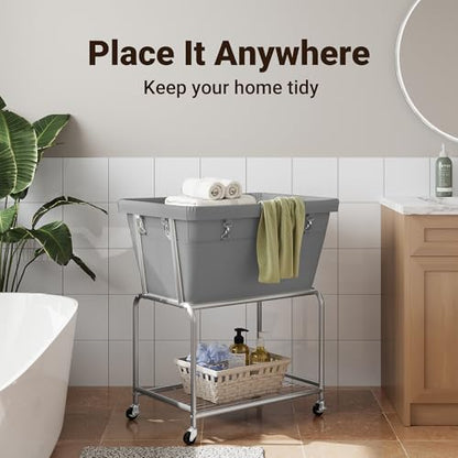 ELYKEN Rolling Laundry Hamper with Wheels, Removable Bag, Laundry Cart | 32-Gallon (122L), 2-Tier Clothes Basket with Shelf, Metal Frame, Ideal for Closet, Bedroom, Bathroom & Laundry Room, Gray - color: Gray, size: 27.4"L x 19.9"W x 30.9"H