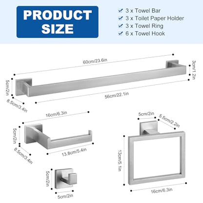 Cilee 15-Pieces Brushed Nickel Bathroom Hardware Set, 24 inch Towel Bar Set | Towel Bar, Square Towel Ring Toilet Paper Holder Towel Hook, Bathroom Accessories Wall-Mounted Stainless Steel Towel Rack Set - color: 15 - Brushed Nickel, size: 15 Pieces