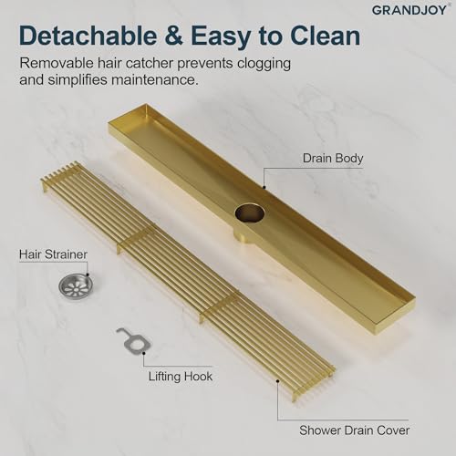 24 Inch Linear Shower Drain, Brushed Gold Rectangular Floor Drain with Removable Grate, SUS304 Stainless Steel, High Flow Capacity and cUPC Certified - color: Brushed Gold, size: 24
