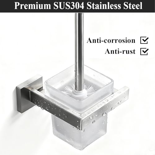 Toilet Brush and Holder Set, NEWRAIN 304 Stainless Steel Wall Mounted Toilet Brush with Long Brush Handle, Brushed Nickel Toilet Scrubber, Glass Canister - color: Brushed Nickel