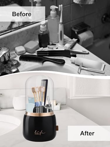 Covered Toothbrush Holder, 360° 7-Slot Rotating Draining Water, Black | Toothbrush Bathrooms Organizer with Cover for Kids Electric Tooth Brush, Toothpaste, Razors, Cosmetic Brushes - color: Black