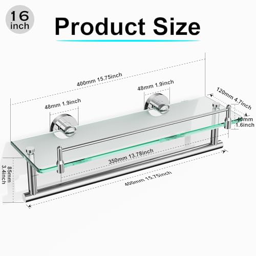 16-Inch Floating Tempered Glass Bathroom Shelf with Towel Bar - Chrome Polished & Stainless Steel, Wall Mount - color: Chrome Polished, size: 16-inch with Railing