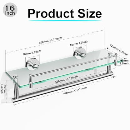 16-Inch Floating Tempered Glass Bathroom Shelf with Towel Bar - Chrome Polished & Stainless Steel, Wall Mount - color: Chrome Polished, size: 16-inch with Railing