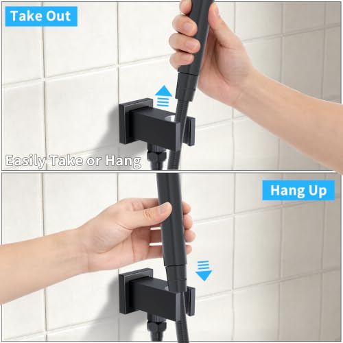 Bathroom Brass Square Wall Mount Handheld Shower Head Holder Water Supply Elbows with On/Off Flow Control Bracket, Matte Black - color: Matte Black
