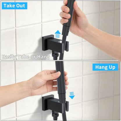 Bathroom Brass Square Wall Mount Handheld Shower Head Holder Water Supply Elbows with On/Off Flow Control Bracket, Matte Black - color: Matte Black