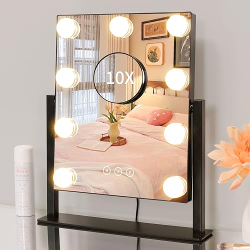 Kotdning Vanity Mirror with Lights,Lighted Vanity Mirror with 9 Dimmable Bulbs for Dressing Room & Bedroom,3 Color Lighting,Modes Detachable 10x Magnification 360°Ratation (Black) 12" L x 14.4" W - color: Black, size: 14.4"L x 12"W