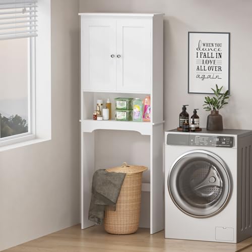 Over the Toilet Storage Cabinet with Double Doors, White Bathroom Storage Cabinets Above Toilet with Adjustable Shelf, Slim Narrow Toilet Rack for Bathroom, White (MDF)