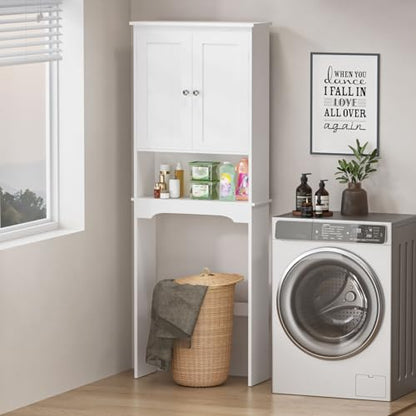 Over the Toilet Storage Cabinet with Double Doors, White Bathroom Storage Cabinets Above Toilet with Adjustable Shelf, Slim Narrow Toilet Rack for Bathroom, White (MDF)