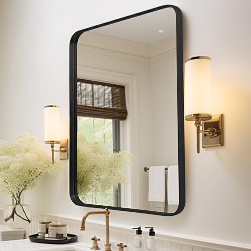 Anpark Wall Mirror 24" x 36" Black Metal Deep Frame for Bathroom, Living Room, Bedroom, Entryway - Decorative Rectangular Round Corner Mounted Vanity Mirror - color: Black, size: 36"L x 24"W