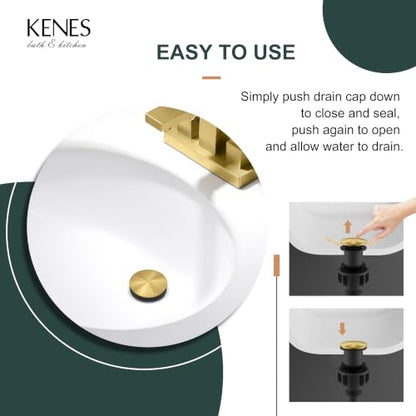 Pop Up Bathroom Sink Drain Without Overflow Brushed Gold Pop Up Drain | Bathroom Vanity Sink Drain Assembly, Built-in Anti-Clogging Strainer, Plastic Pop Up Drain for Bathroom Vanity Vessel Sink - color: Brushed Gold, size: Big Pop up Cap (Without Overflo