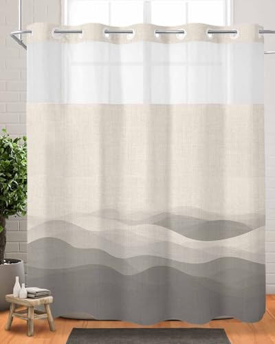 No Hook Shower Curtain and Snap in Liner Set, Grey Beige Ombre Fabric Bathroom Shower Curtains 72x78 Inch, See Through Mesh Top Window, Minimalist Ocean Waves Linen Hotel Style, Washable Waterproof - size: 72"W x 78"L (Pack of 1)