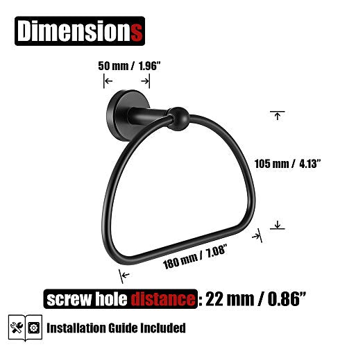 JQK Towel Ring Matte Black, Stainless Steel Half Ring Towel Holder for Bathroom, 7 Inch Brushed Finished Wall Mount, TR160-PB - color: Black