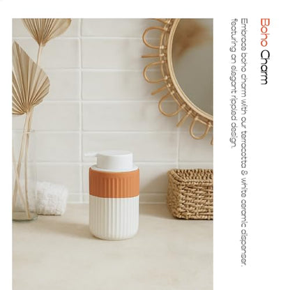 Hand Dipped Boho Ceramic Foam Dispenser 2 Pack, Terracotta White | Two Tone Ceramic Design, Rippled Cylinder, Soft Touch Silicone Pump, Organic Boho Style, Elegant Bathroom Counter Accent - color: Orange,white