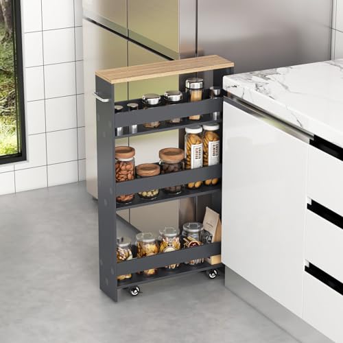 COSTWAY Slim Rolling Storage Cart, 4-Tier Rolling Utility Cart, Wood Kitchen Storage Cart with Handle & Wheels, Narrow Rolling Shelving Unit for Kitchen Bathroom Laundry Small Places (Grey) - color: Grey
