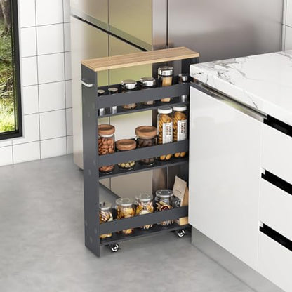 COSTWAY Slim Rolling Storage Cart, 4-Tier Rolling Utility Cart, Wood Kitchen Storage Cart with Handle & Wheels, Narrow Rolling Shelving Unit for Kitchen Bathroom Laundry Small Places (Grey) - color: Grey