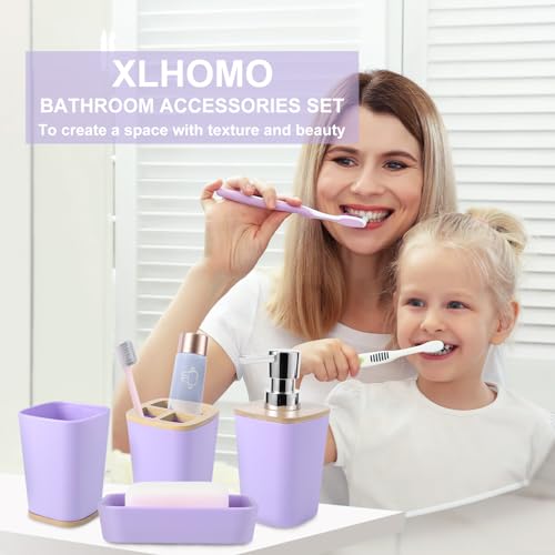Purple Bathroom Accessories Set, 9 Piece Purple Bathroom Accessory Set with Trash Can,Toothbrush Holder,Toothbrush Cup,Lotion Soap Dispenser,Vanity Tray,Soap Dish,Toilet Brush,Qtip Holder - size: Bath Set, style: Light Purple