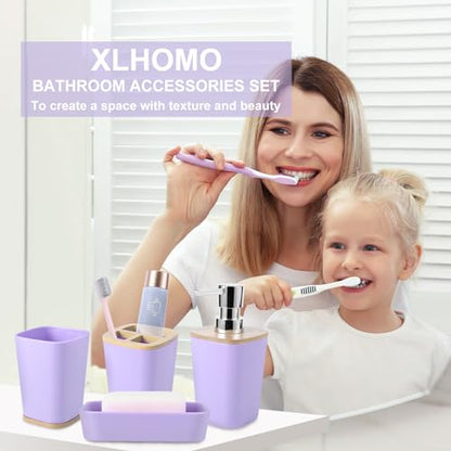 Purple Bathroom Accessories Set, 9 Piece Purple Bathroom Accessory Set with Trash Can,Toothbrush Holder,Toothbrush Cup,Lotion Soap Dispenser,Vanity Tray,Soap Dish,Toilet Brush,Qtip Holder - size: Bath Set, style: Light Purple