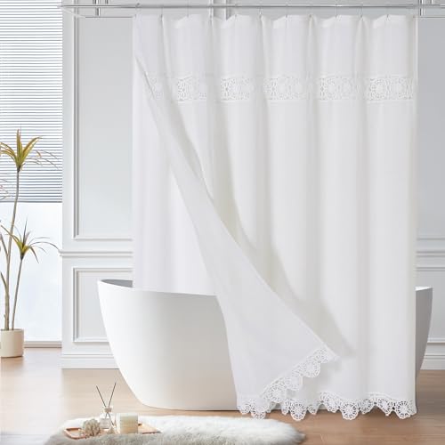Long Boho Farmhouse Shower Curtain Set with Liner, Linen Bohemian French Country Bathroom Curtain 72x78 - White - color: White-liner Set, size: 72"W x 78"L (Pack of 1)
