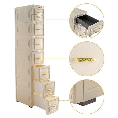7-Tier Waterproof Bathroom Floor Cabinet, Slim 8-Drawer Storage for Small Spaces, Compact Organizer with Wheels