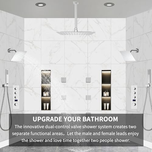 Dual Shower Mixer 6 Way Full Body Shower Head System Rain 12+8+8 Inch With Wall Mount 6 Pcs Jets 2 Handheld Shower Diverter Valve Digital Display Fauct Set，Chrome - color: Chrome
