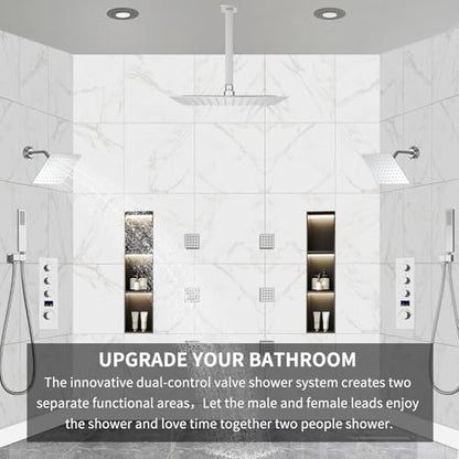 Dual Shower Mixer 6 Way Full Body Shower Head System Rain 12+8+8 Inch With Wall Mount 6 Pcs Jets 2 Handheld Shower Diverter Valve Digital Display Fauct Set，Chrome - color: Chrome