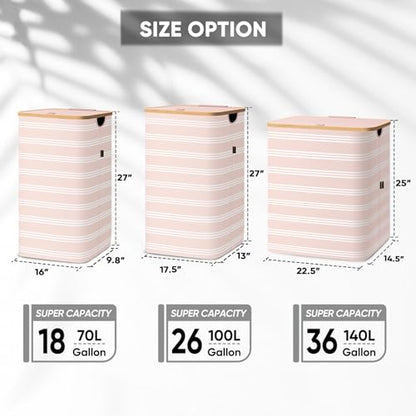 BALEINE Laundry Hamper with Lid, Tall Laundry Baskets with Bamboo Pull Handles, Large Laundry Bin with Internal Support (18 Gal/70L, Pink Pinstripe) - color: Pink Pinstripe, size: 70 liters