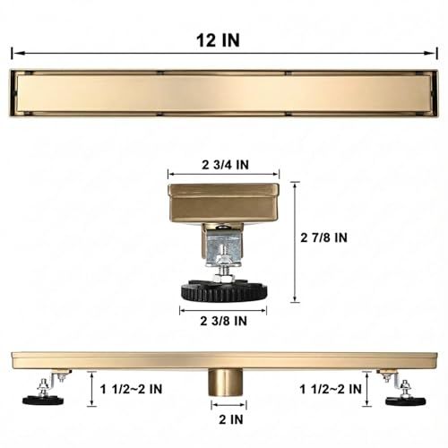 AVSIILE Linear Shower Floor Drain, Brushed Gold 12 Inch 304 Stainless Steel Bathroom Drains Kit, Rectangular Shower Trench Drain with Reversable Tile-in Pattern Drain Cover & Hair Catcher - color: Brushed Gold, size: 12 Inch