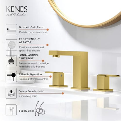 Brushed Gold Widespread Bathroom Faucet 3 Hole Vanity Faucet 2 Handle | Bathroom Sink Faucet with Pop Up Drain & Supply Lines, Lead-Free cUPC & NSF Certified, 8 Inch Faucet for Vanity Restroom Sink - color: Brushed Gold