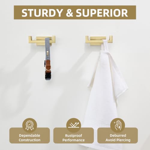 Angle Simple Double Towel Hook Brushed Gold, Bathrobe Coat Holder, 2 Pack | SUS304 Stainless Steel Robe Hook for Bathroom Wall, Hand Towel Hanger Screw Wall Mount - color: Brushed Gold, size: 2 Pack