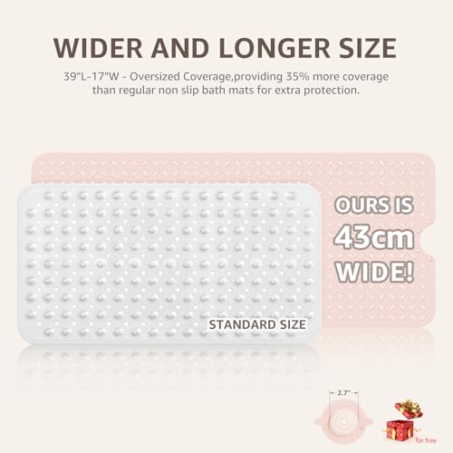 OTHWAY Bath Mat for Tub Non Slip: 39" X 17" Long Bathtub Mat with Hair Catcher│Big Drain Holes Shower Mats for Inside Shower│Machine Washable (Pink) - color: Pink