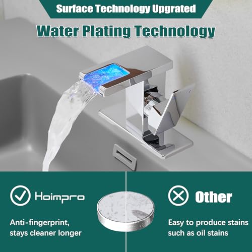 Hoimpro LED Bathroom Faucet, Single Handle Sink Faucets Polished Chrome | Waterfall Widespread Faucet, 3 Colors Light Changing, with Pop-up Drain & cUPC Supply Lines, for Sink Vanity RV Restroom - color: Polished Chrome