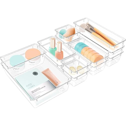 13 PCS Plastic Drawer Organizers Set, 4 Size Desk Drawer Organizer Trays | 4 Size Desk Drawer Organizer Trays for Makeup, Jewelry, Kitchen Utensils, Gadgets and Office - color: Clear, size: 13 PCS