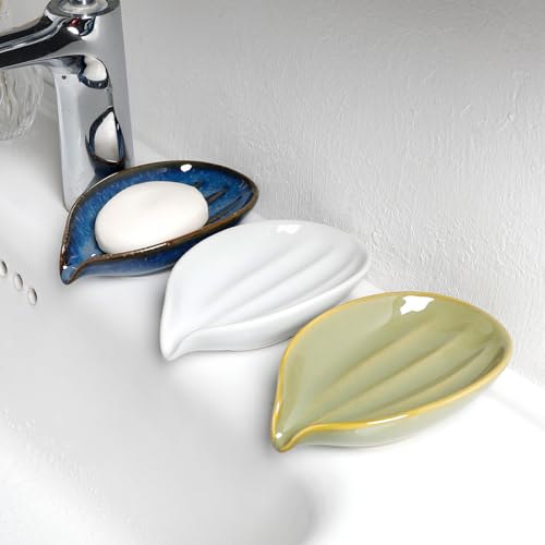 Soap Holder, Self-Draining White Soap Dish, Leaf Shape Ceramic Bar Soap Holder Drain Soap Dishes for Bathroom Sink Kitchen, Easy to Clean Keeps Soap Dry, ANTIS'S HOME - color: White-1pcs-line