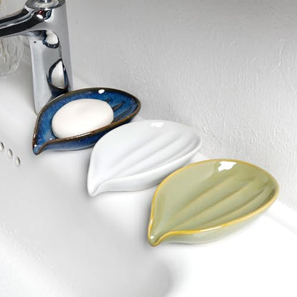 Soap Holder, Self-Draining White Soap Dish, Leaf Shape Ceramic Bar Soap Holder Drain Soap Dishes for Bathroom Sink Kitchen, Easy to Clean Keeps Soap Dry, ANTIS'S HOME - color: White-1pcs-line
