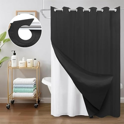 Inhousolu No Hook Shower Curtain with Removable Snap-in Liner, Waffle Weave 230 GSM Polyester, Weighted Hem, Water Repellent Washable, 72 x 78 Inch, Black - color: Black, size: 72"W x 78"L (Pack of 1)