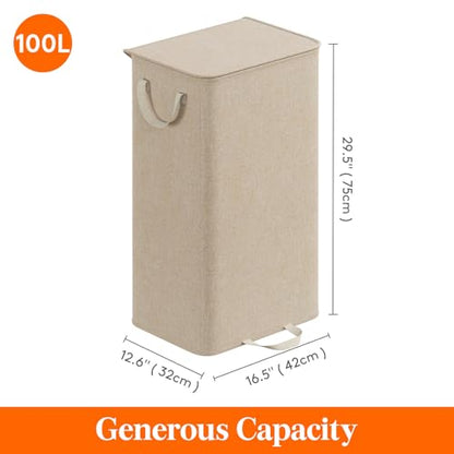 Lifewit Single Laundry Hamper with Lid and Removable Laundry Bags, Large Collapsible 1 Dividers Dirty Clothes Basket with Handles for Bedroom Laundry Room Closet Bathroom College, 100L Beige - color: Beige, size: 100L
