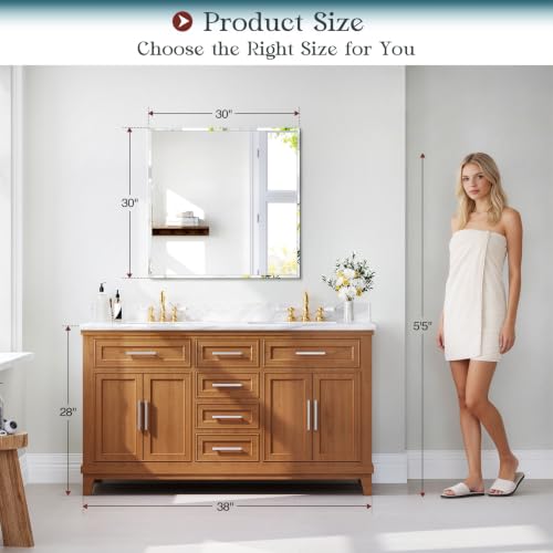 Frameless Bathroom Mirror, 30"x30" Beveled Bathroom Vanity Mirror | Wall Mount Mirrors for Vanity Bedroom Entryway Living Room Hangs Horizontally or Vertically - size: 30"L x 30"W