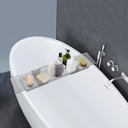 Bathtub Caddy Tray, Expandable Bath Shelf with Book and Wine Holder, Clear Gray Acrylic Bathtub Tray for Bathroom, 22.24-31.5 Inch Adjustable