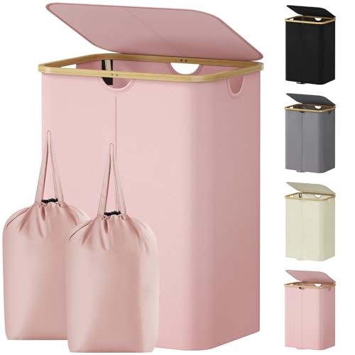 Lifewit 150L Double Laundry Hamper with Lid, Large Laundry Basket with Removable Bag & Bamboo Handles, Fodable Tall Dirty Clothes Hamper for Laundry Collapsible Bin for Bathroom Bedroom Dorm, Pink - color: Pink, size: 150L