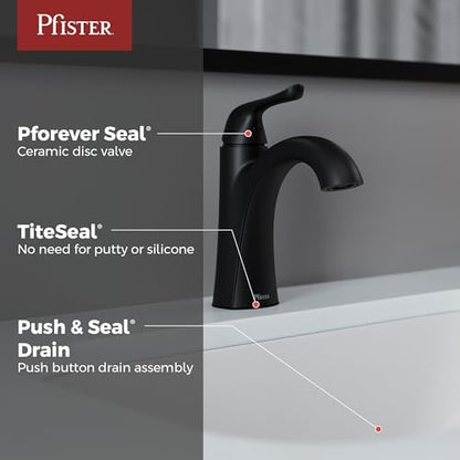 Pfister Willa Single Handle Bathroom Sink Faucet 1 Hole Matte Black with Spot Defense Finish Push & Seal Drain NSF Certified Water Efficient Vanity Faucet LF042MALSDB - color: Spot Defense Matte Black, size: 1 Pack