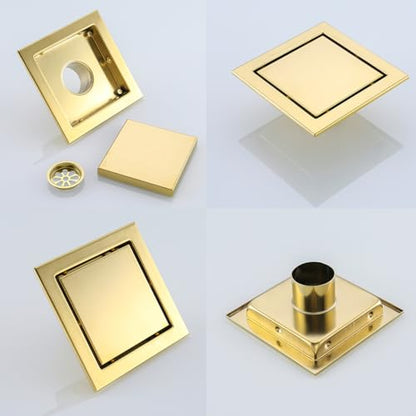 RANDOM Brushed Gold Shower Drain Square 6 inch SUS304 Stainless Steel Shower Floor Drain with Hair Strainer Tile Insert Shower Drain Cover - color: D-brushed Gold-6″ Square