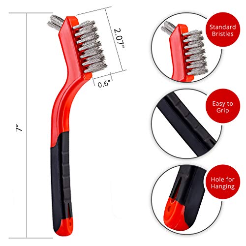 Wire Brush Set 3Pcs - Nylon/Brass/Stainless Steel Bristles with Curved Handle Grip for Rust, Dirt & Paint Scrubbing with Deep Cleaning – 7 Inches (Red) - color: Red