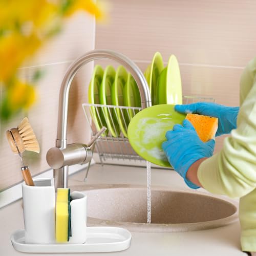 3 in 1 Ceramic Kitchen Sink Caddy Dish Sponge Holder Scrub Brush Holder and Soap Tray for Kitchen Organizer White Rustic Farmhouse Supplies(White) - color: white