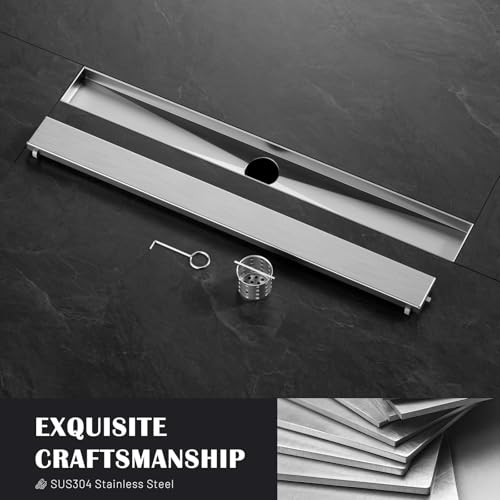 24 Inch Liner Shower Drain with Tile Insert Panels, Stainless Steel Rectangle Liner Drain, Shower Floor Drain with Hair Strainer, Ajustable Leveling Feet (Brushed Nickel) - color: Brushed Nickel-b, size: 24IN