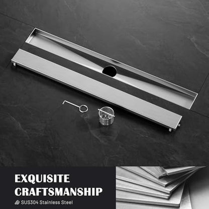 24 Inch Liner Shower Drain with Tile Insert Panels, Stainless Steel Rectangle Liner Drain, Shower Floor Drain with Hair Strainer, Ajustable Leveling Feet (Brushed Nickel) - color: Brushed Nickel-b, size: 24IN
